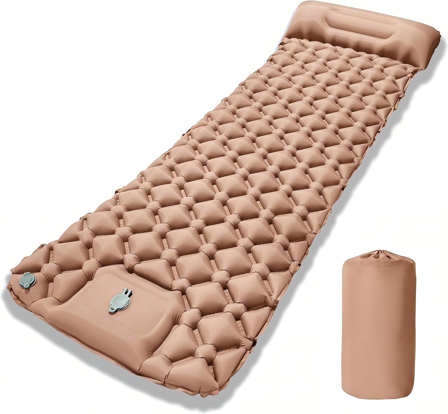 Beige Inflatable Sleeping Pad | Built-In Pillow & Foot Pump, Compact Camping Mat 