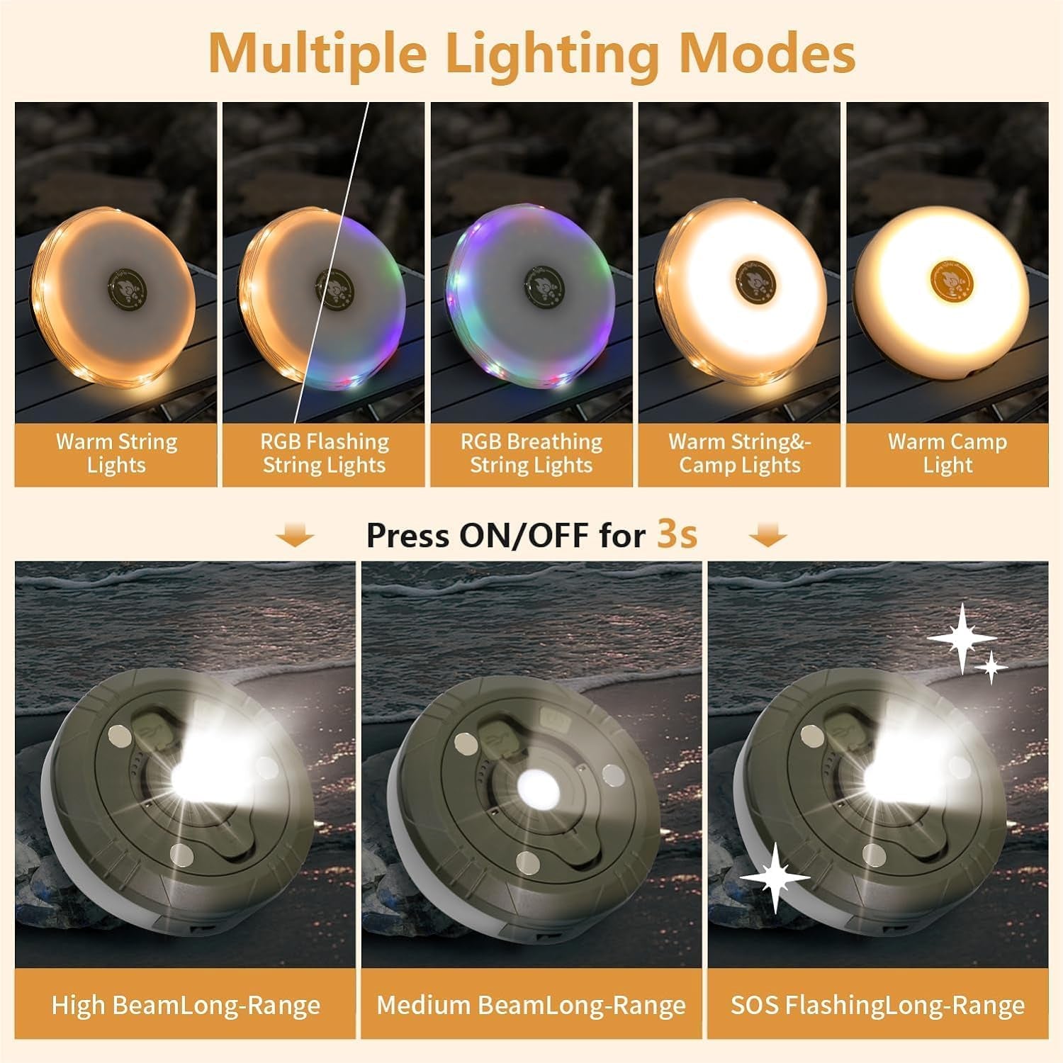 4-in-1 Camping String Lights | 10M RGB, Magnetic & USB Rechargeable