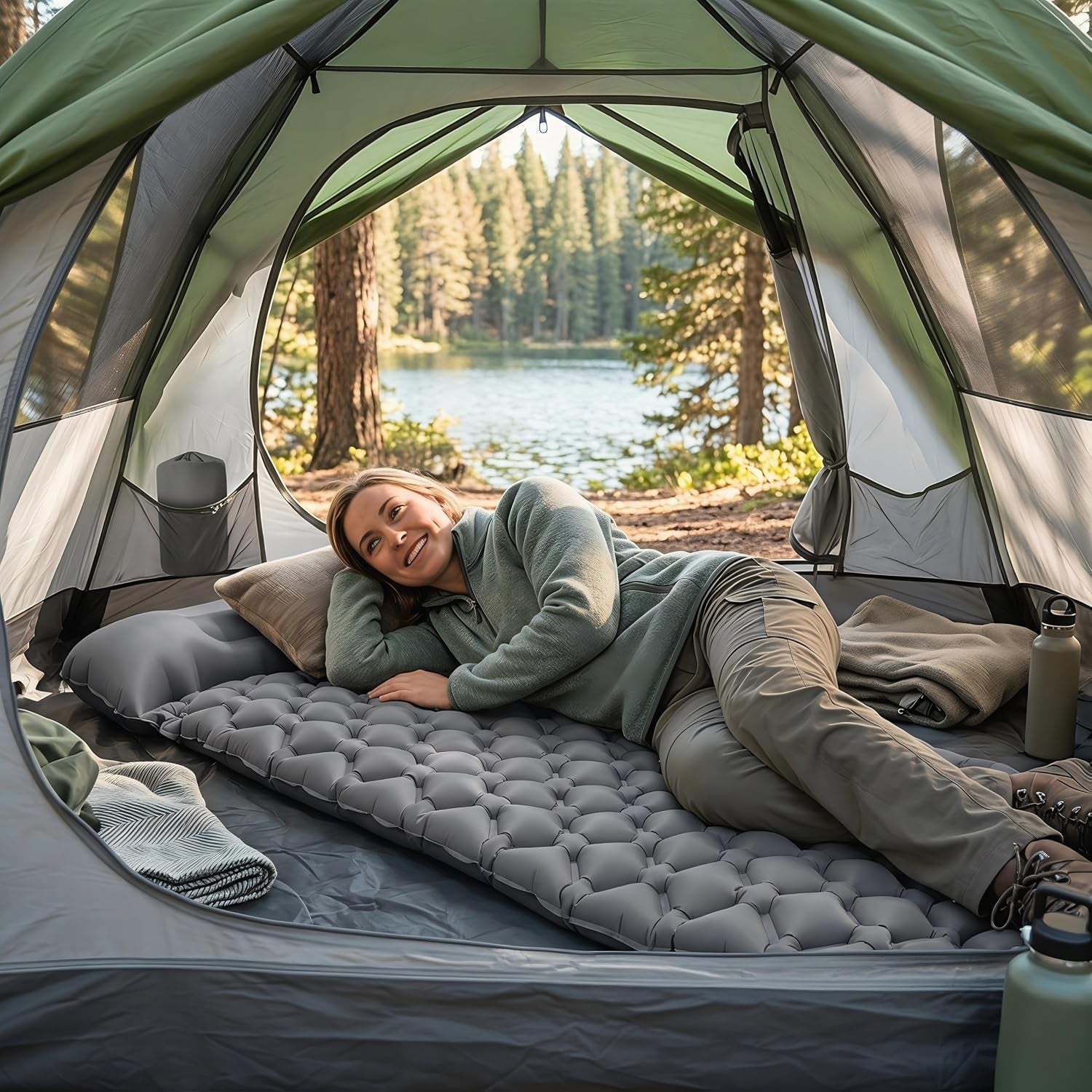 Grey Inflatable Sleeping Pad | Built-In Pillow & Foot Pump