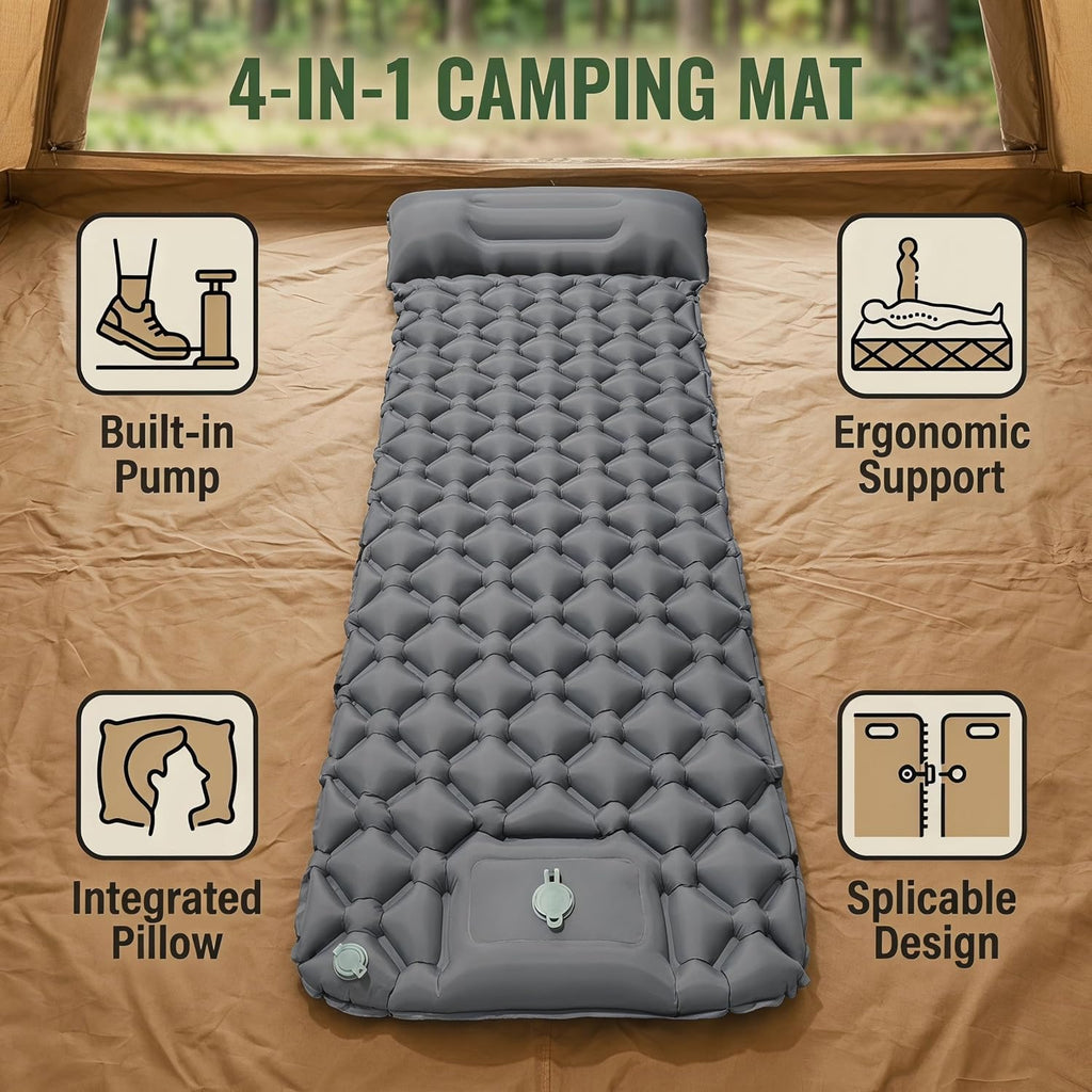 Grey Inflatable Sleeping Pad | Built-In Pillow & Foot Pump