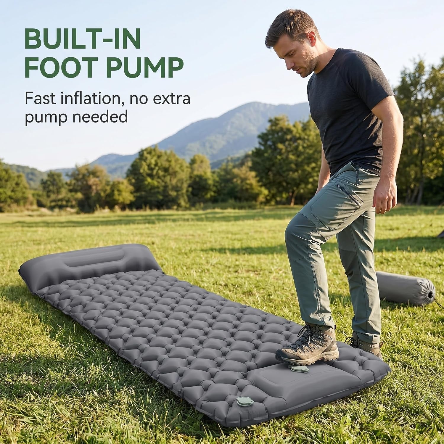 Grey Inflatable Sleeping Pad | Built-In Pillow & Foot Pump