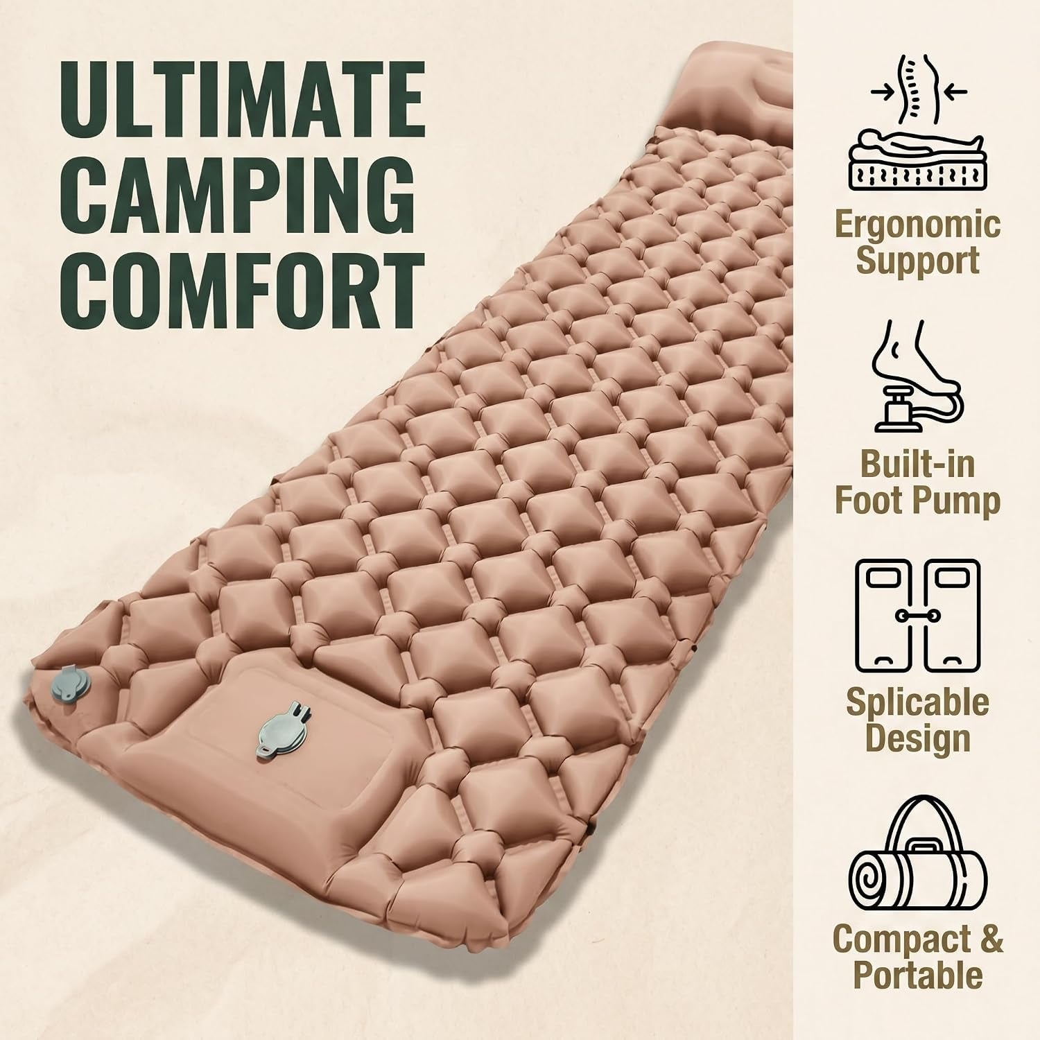 Beige Inflatable Sleeping Pad | Built-In Pillow & Foot Pump, Compact Camping Mat 