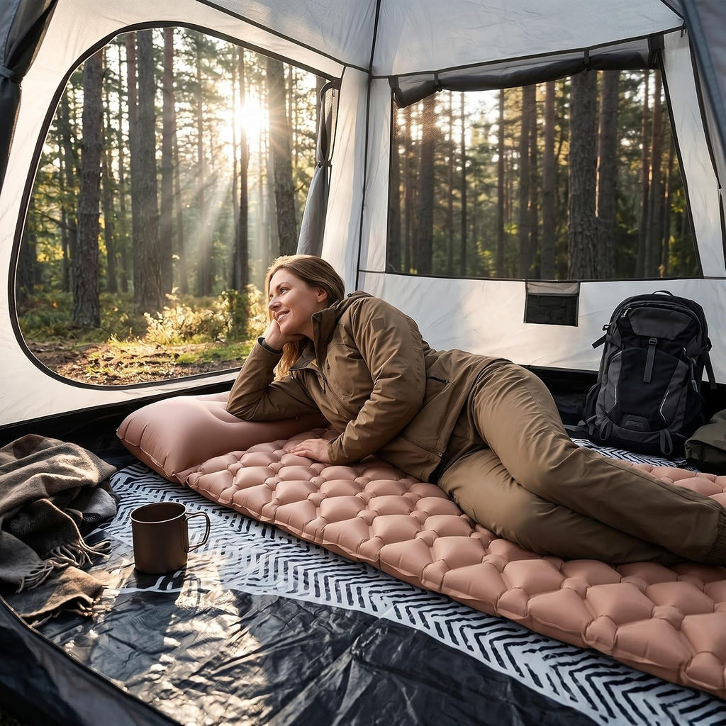 Beige Inflatable Sleeping Pad | Built-In Pillow & Foot Pump, Compact Camping Mat 