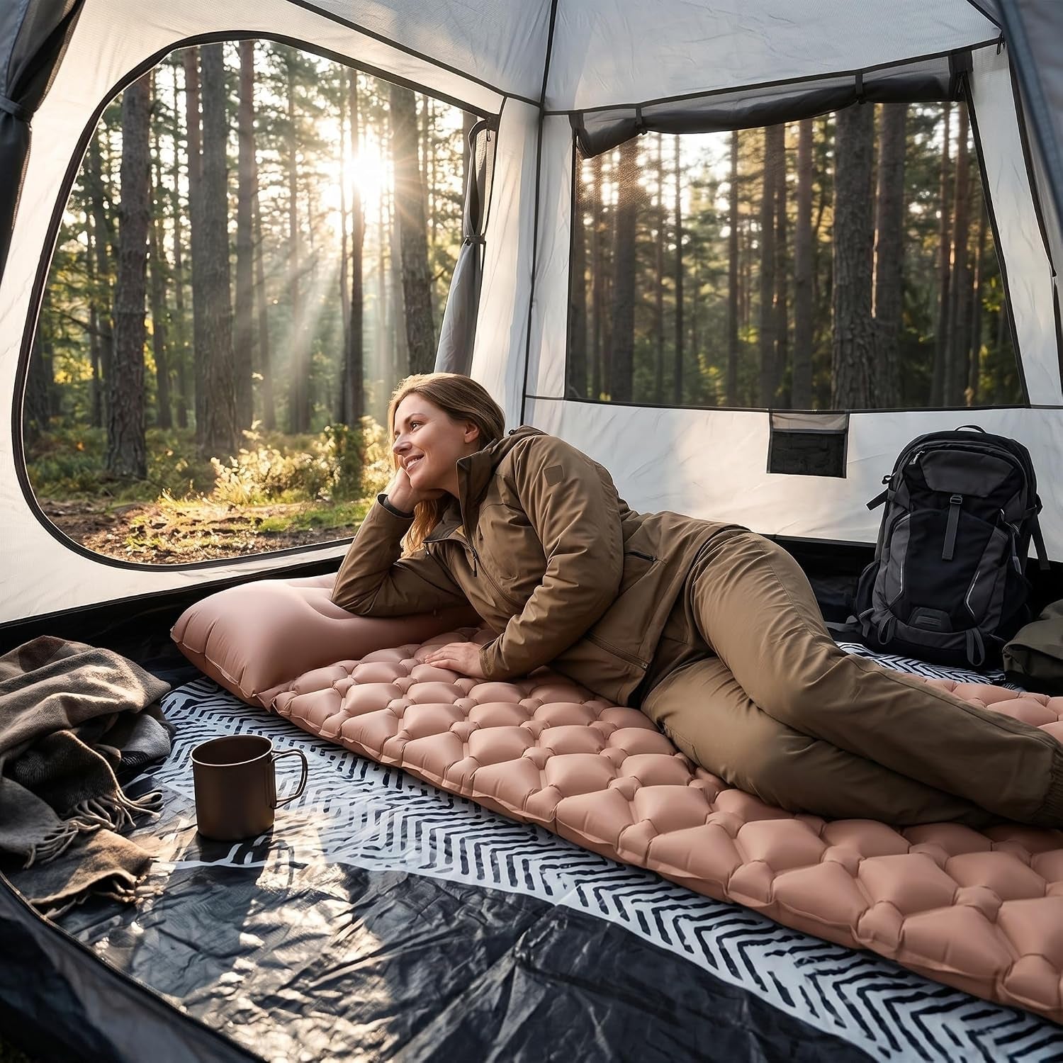 Beige Inflatable Sleeping Pad | Built-In Pillow & Foot Pump, Compact Camping Mat 