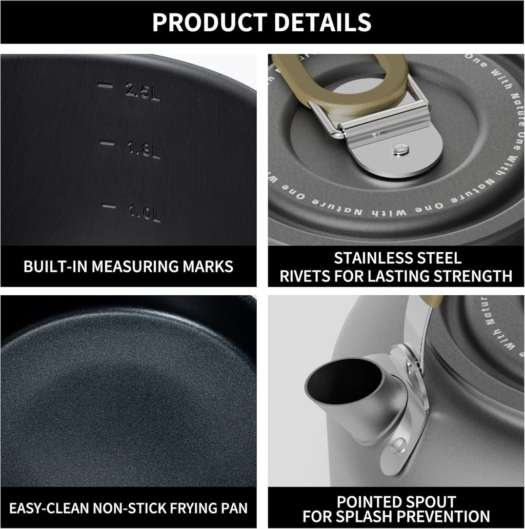 4-piece Aluminium Camping Cookware Set | Built-in Water Marks