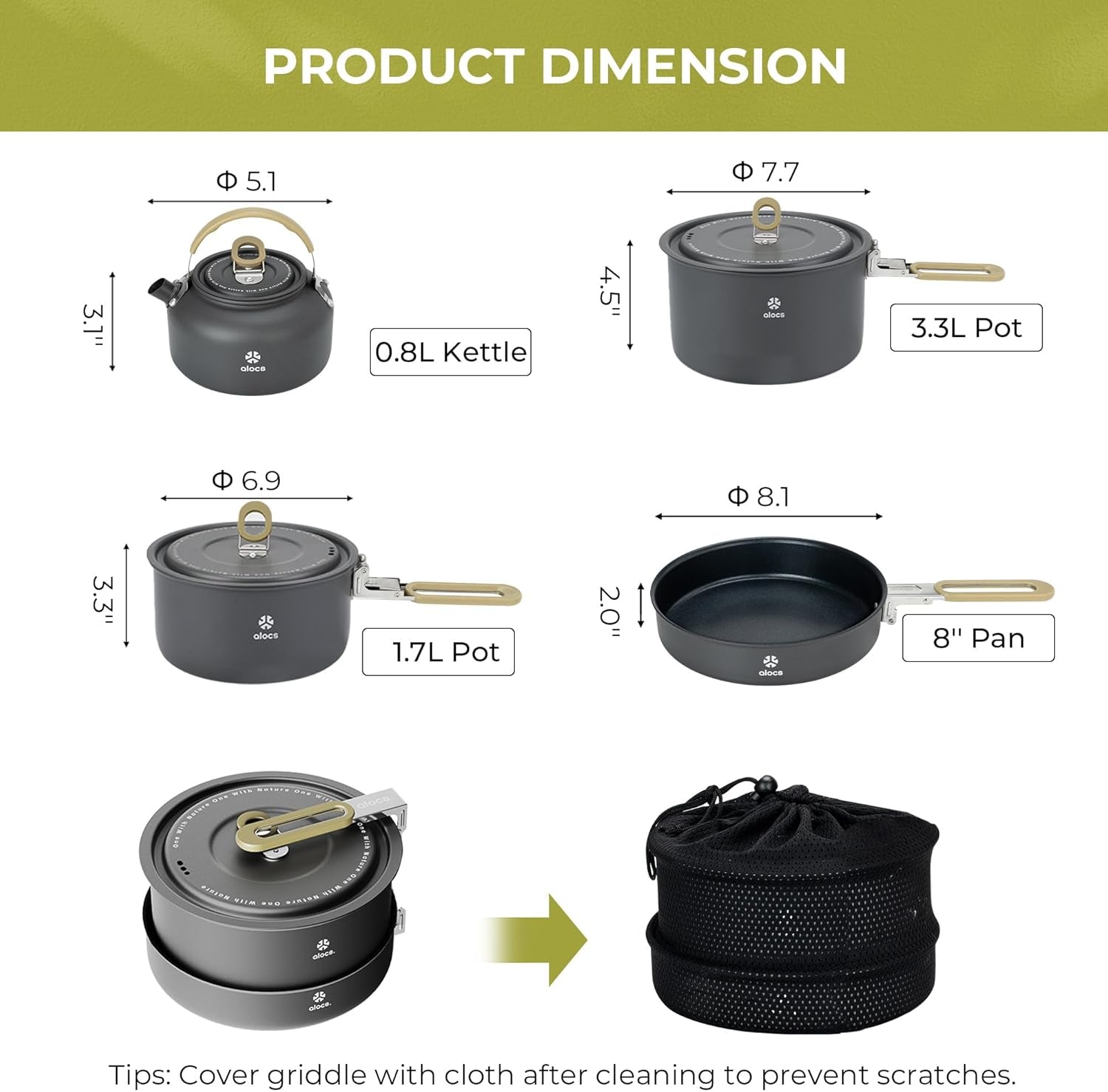 4-piece Aluminium Camping Cookware Set | Built-in Water Marks