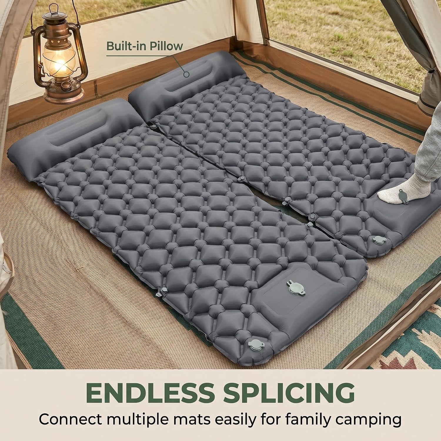 Grey Inflatable Sleeping Pad | Built-In Pillow & Foot Pump