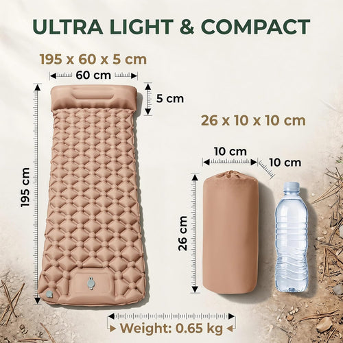 Beige Inflatable Sleeping Pad | Built-In Pillow & Foot Pump, Compact Camping Mat 