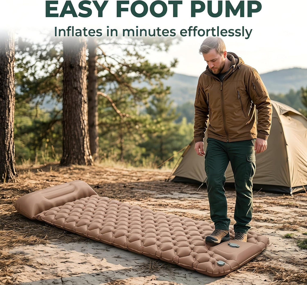 Beige Inflatable Sleeping Pad | Built-In Pillow & Foot Pump, Compact Camping Mat 
