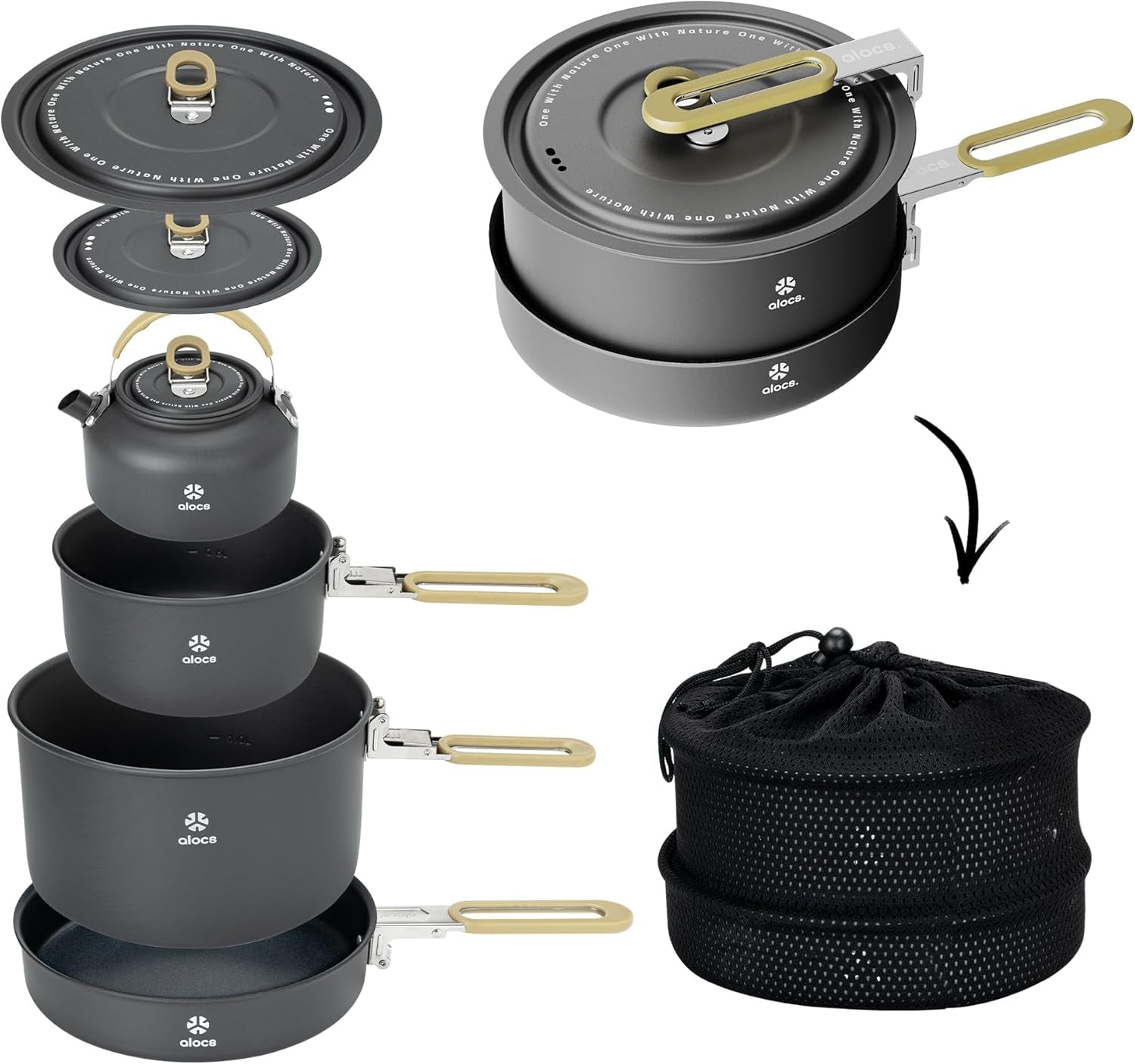 4-piece Aluminium Camping Cookware Set | Built-in Water Marks