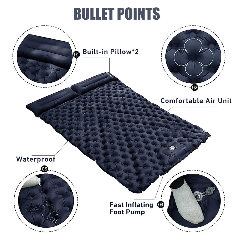 4 Colors Double Inflatable Sleeping Pad | Built-In Pillow & Foot Pump