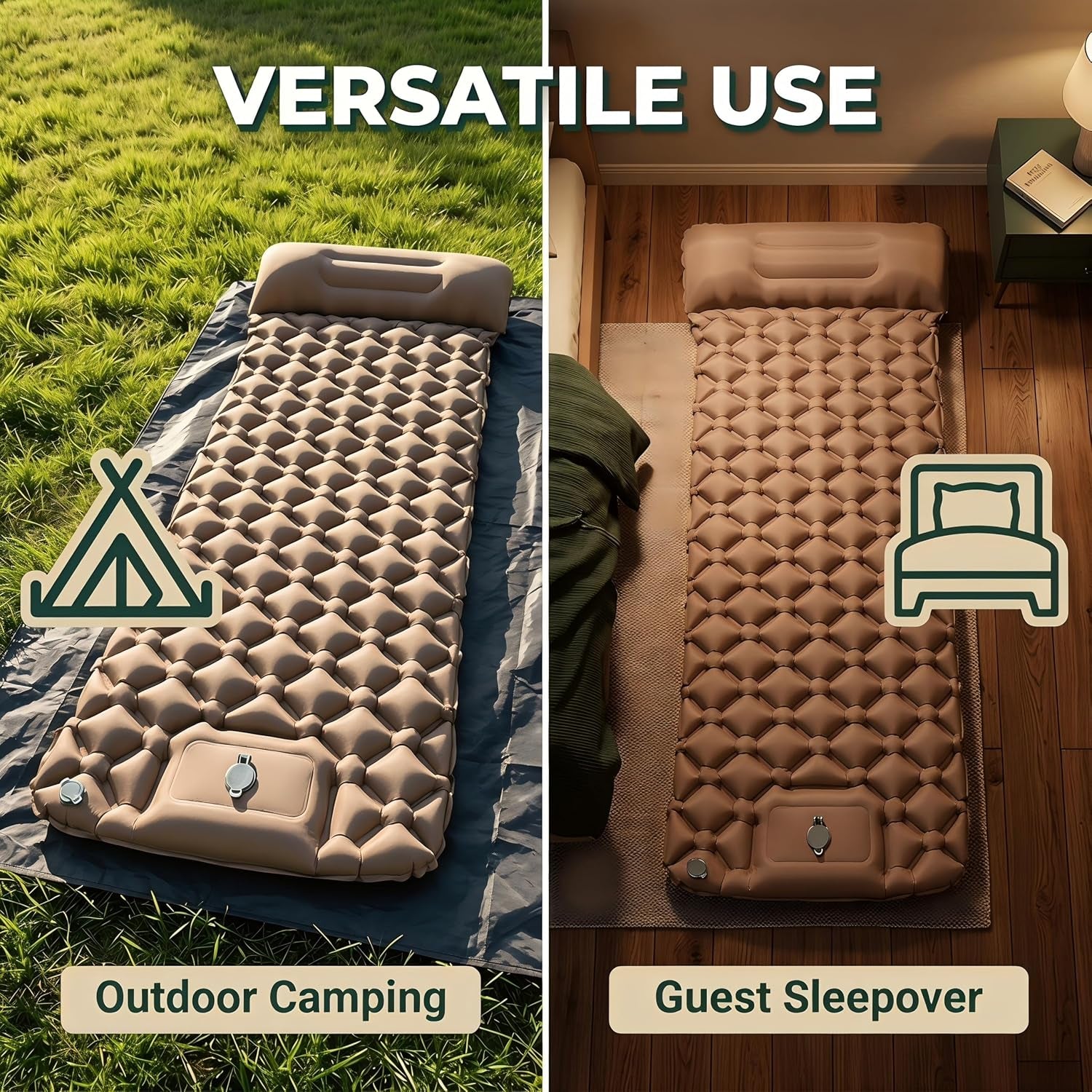 Beige Inflatable Sleeping Pad | Built-In Pillow & Foot Pump, Compact Camping Mat 