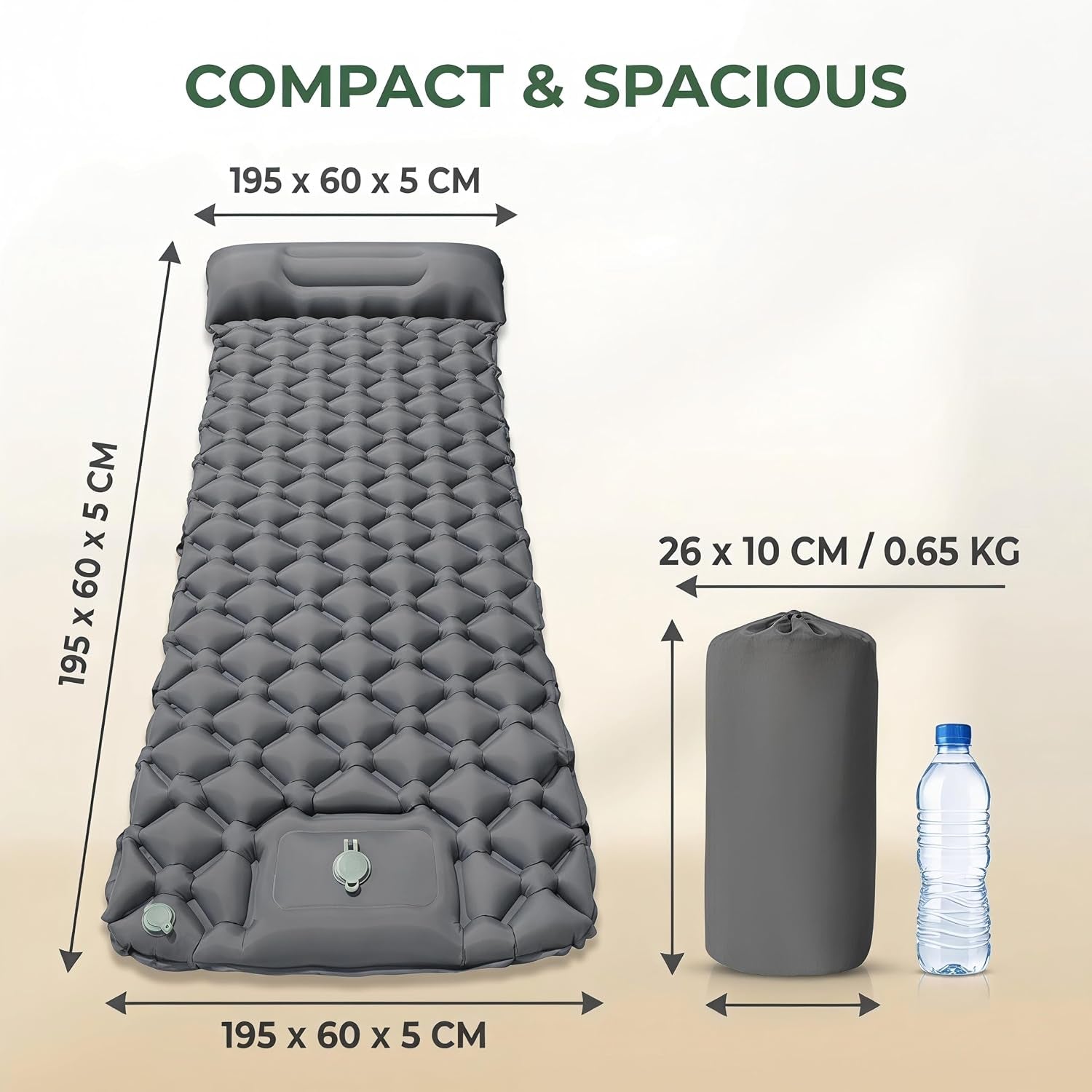 Grey Inflatable Sleeping Pad | Built-In Pillow & Foot Pump